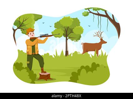 Chasseur avec fusil de chasse ou arme de tir à des oiseaux ou des animaux dans la forêt sur un dessin à la main de dessin plat de dessin Illustration Banque D'Images