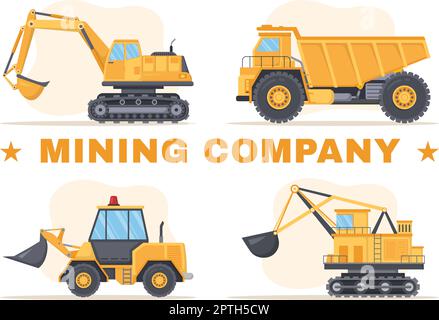 Compagnie minière avec camions lourds de camion-pompe jaune pour le procédé industriel de mine de charbon ou le transport en charon plat modèles dessinés à la main Illustration Illustration de Vecteur