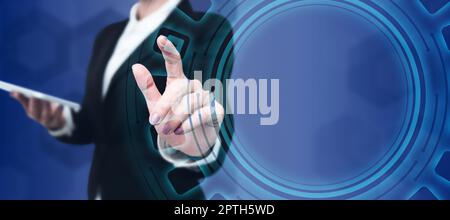 Homme d'affaires présentant de nouvelles technologies futuristes. Banque D'Images