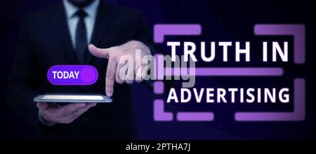 Légende du texte Présentation de la vérité dans la publicité, pratique de l'approche commerciale Publicité honnête propagande publicitaire Banque D'Images