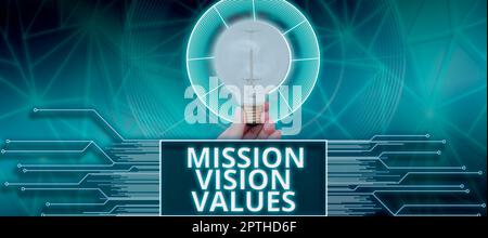 Inspiration montrant le signe Mission Vision valeurs, concept d'affaires profil d'entreprise objectif et énoncé d'attention Banque D'Images