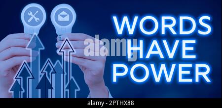 Les mots de signe d'écriture à la main ont le pouvoir, l'idée d'affaires les outils essentiels que les individus utilisent pour communiquer et apprendre Banque D'Images