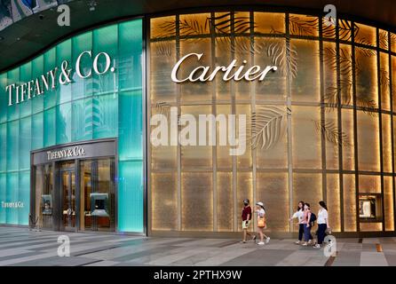Les clients passant devant Cartier et a Tiffany Co. Points de vente à ION Orchard (centre commercial) dans la rue commerçante de luxe Orchard Road à Singapour Banque D'Images