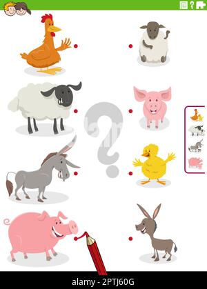 associez les animaux de la ferme de dessins animés et leur tâche éducative de bébé Illustration de Vecteur