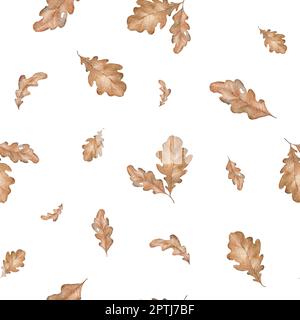 Le chêne d'automne laisse un motif sans couture sur fond blanc. Illustration aquarelle dessinée à la main. Feuille d'automne marron orange aquarelle. Banque D'Images