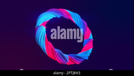 Abstrait boucle beau volumineuse multicolore lumineux rose-violet anneau de torsion fait de métal et de lignes sur un fond sombre. Banque D'Images