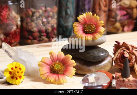 Quartz Crystal équilibré sur Bloodstone avec fleurs en arrière-plan Banque D'Images