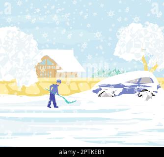 Homme pelleter la neige sur paysage d'hiver Banque D'Images