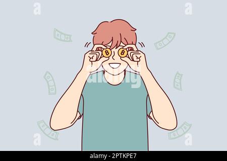 Homme souriant avec bitcoins excités avec des revenus Illustration de Vecteur