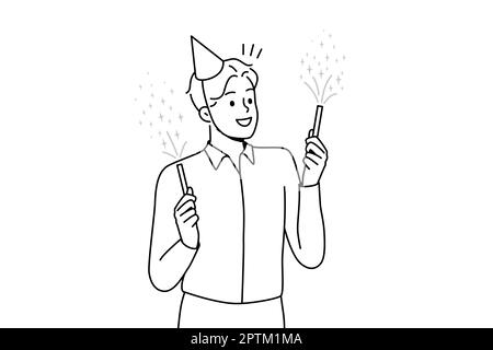 Jeune homme souriant en chapeau d'anniversaire tenant des fêteurs de fête. Les hommes d'affaires heureux ont du plaisir profiter des feux d'artifice à la fête. Illustration vectorielle. Banque D'Images