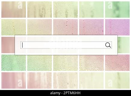 Le champ de recherche est situé en haut du collage de plusieurs fragments de verre, décoré avec des gouttes de pluie des condensats. Couleurs arc-en-ciel Banque D'Images