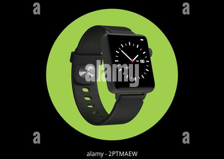 Maquette Smart Watch moderne noire sur fond de cercle vert. 3D rendu Banque D'Images