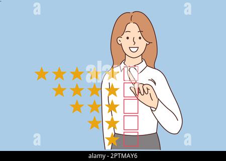 Une femme souriante donne cinq étoiles à un service de bonne qualité. Une cliente heureuse se sent satisfaite de donner le meilleur feedback possible. Satisfaction du client. Vecteur il Banque D'Images
