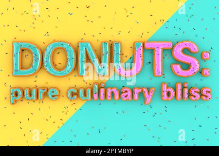 Beignets: Pur Culiary Bliss texte de vente signe en forme de Big Rose et Blue Chocolate glacé Donut avec Sprinkles sur un fond jaune et bleu. 3d Banque D'Images