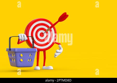 Tir à l'arc Target et Dart in Center Cartoon personnage Mascot avec Cartoon Panier sur fond jaune. 3D rendu Banque D'Images