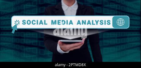 Légende présentant analyse des médias sociaux, approche commerciale collecte et évaluation des données des médias sociaux Banque D'Images