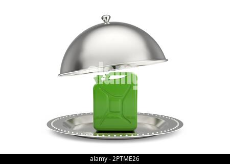 Silver Restaurant Cloche avec Green Metal Jerrycan sur fond blanc. 3D rendu Banque D'Images