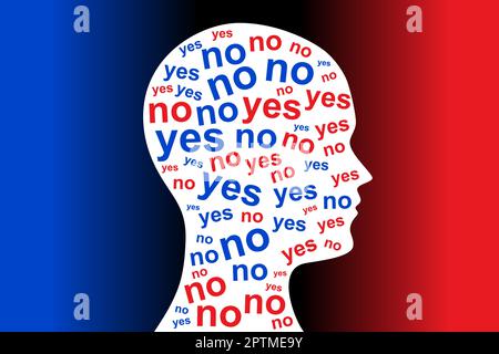 OUI et NON, mots de couleur rouge et bleu, dans une silhouette blanche d'une tête Illustration de Vecteur