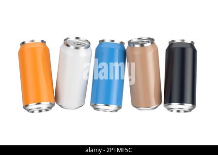 Boîtes de boissons en aluminium colorées sur fond blanc. 3D rendu Banque D'Images