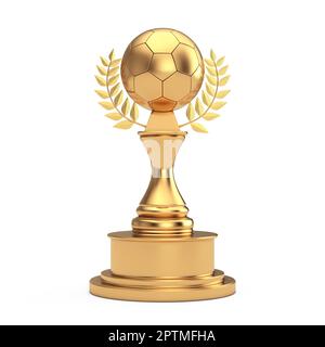 Golden Award Trophée avec Golden football Soccer ball et Laurel Wreath sur fond blanc. 3D rendu Banque D'Images