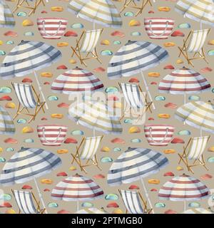 Chaises de plage aquarelle dessinées à la main, sacs et parasols à motifs sans couture. Isolé sur fond de couleur. Décoration murale, mariage, imprimé, tissu Banque D'Images
