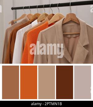 Palette de couleurs adaptée à la photo des vêtements élégants pour femmes sur le rack dans la chambre Banque D'Images