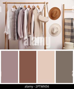 Palette de couleurs adaptée à la photo des vêtements élégants pour femmes sur le rack dans la chambre Banque D'Images