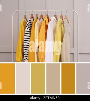 Palette de couleurs adaptée à la photo des vêtements élégants pour femmes sur le rack dans la chambre Banque D'Images