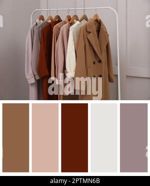 Palette de couleurs adaptée à la photo des vêtements élégants pour femmes sur le rack dans la chambre Banque D'Images