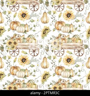 Aquarelle potiron et tournesol dessinés à la main dans le motif en bois sans couture. Feuilles de papier de fleurs d'automne. Magnifique imprimé textile Banque D'Images