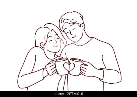 Un couple heureux qui s'embrasse en buvant du café par les mémugs amoureux. Un homme et une femme souriants aiment prendre le thé du matin dans de mignons tasses. Illustration vectorielle. Banque D'Images