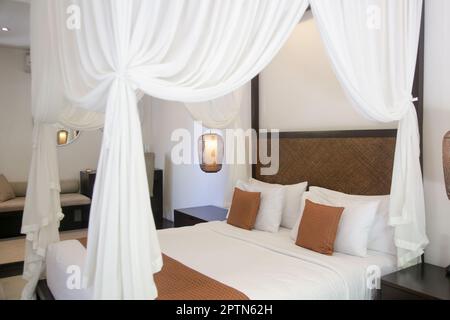 Chambre contemporaine simple avec lit King Size et moustiquaire Banque D'Images