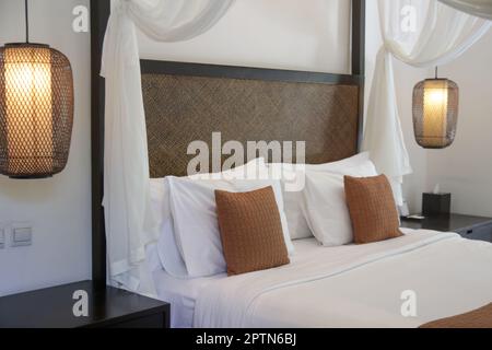 Chambre contemporaine simple avec lit King Size et moustiquaire Banque D'Images