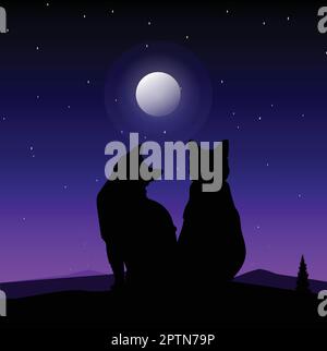 Deux chats contre le fond de la Lune et du ciel de Starry Illustration de Vecteur