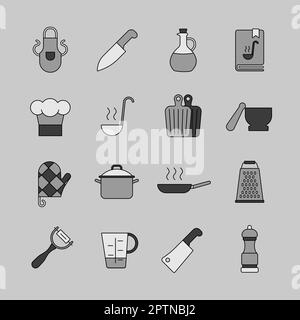 Ensemble d'icônes de cuisine et de cuisine à échelle de gris vectorielle. Symbole graphique pour le site Web de cuisine et la conception d'applications, le logo, l'application, l'interface utilisateur Banque D'Images