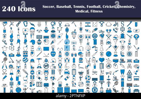 240 icônes du football, du baseball, du tennis, du football, du cricket, Chimie, médical, fitness Illustration de Vecteur