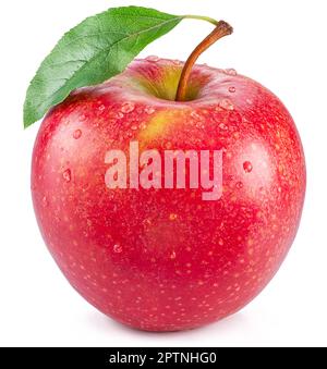 Pomme rouge mûre parfaite recouverte de petites gouttes d'eau sur fond blanc. Banque D'Images