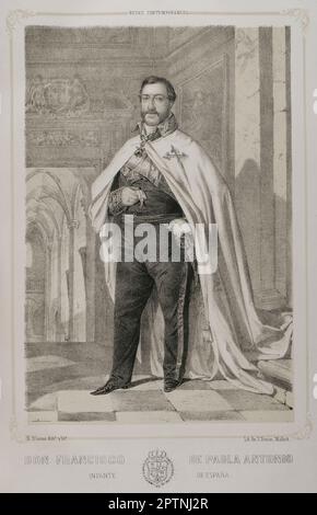 Francisco de Paula Antonio de Borbón (1794-1865). Infante d'Espagne. Fils de Charles IV d'Espagne et de Maria Luisa de Parme. Portrait. Dessin de B. Blanco. Lithographie par J. Donón. 'Reyes Contemporáneos'. Volume I. Publié à Madrid, 1855. Banque D'Images