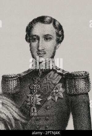 Albert. Prince de Saxe-Coburg-Gotha (1819-1861). Prince consort de la reine Victoria de Grande-Bretagne. Portrait. Lithographie. Détails. 'Reyes Contemporáneos'. Volume I. Publié à Madrid, 1855. Banque D'Images