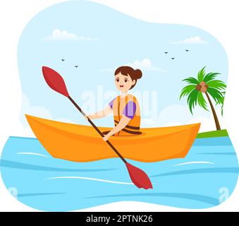 Les gens qui apprécient l'illustration de l'aviron avec canoë et la voile sur la rivière ou le lac dans Active Water Sports Flat dessin-modèle de dessin à la main Illustration de Vecteur