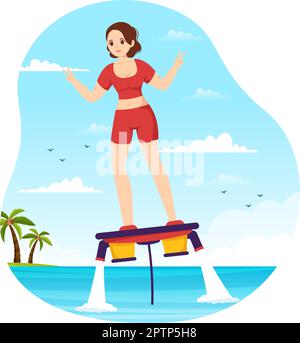 Flyboard Illustration avec les gens Riding Jet Pack en été Plage vacances dans l'eau extrême plate Sport activité dessin main modèles Illustration de Vecteur