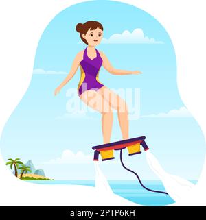 Flyboard Illustration avec les gens Riding Jet Pack en été Plage vacances dans l'eau extrême plate Sport activité dessin main modèles Illustration de Vecteur