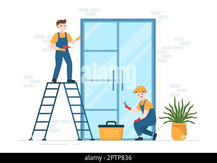 Service d'installation de fenêtres et de portes avec un employé pour la réparation et la rénovation à domicile utiliser les outils du dessin main du dessin animé à plat Illustration du modèle Banque D'Images