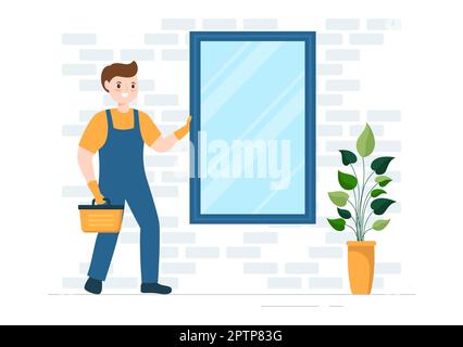 Service d'installation de fenêtres et de portes avec un employé pour la réparation et la rénovation à domicile utiliser les outils du dessin main du dessin animé à plat Illustration du modèle Banque D'Images