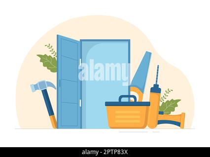 Service d'installation de fenêtres et de portes avec un employé pour la réparation et la rénovation à domicile utiliser les outils du dessin main du dessin animé à plat Illustration du modèle Banque D'Images