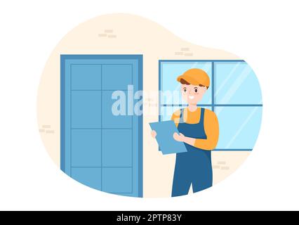 Service d'installation de fenêtres et de portes avec un employé pour la réparation et la rénovation à domicile utiliser les outils du dessin main du dessin animé à plat Illustration du modèle Banque D'Images