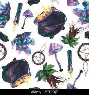 Sorcellerie et objets sorcellerie motif sans couture sur blanc aquarelle illustration mandragora dessinée à la main, champignons toxiques d'Halloween, chaudière avec feu Banque D'Images