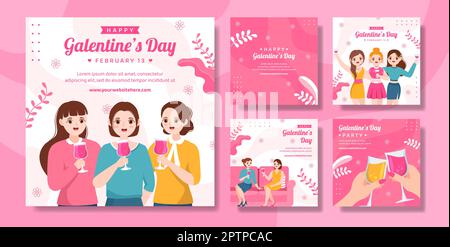 Happy Galentines Day social Media Post Flat dessin animé de modèles Illustration Illustration de Vecteur