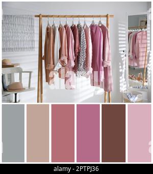 Palette de couleurs adaptée à la photo des vêtements élégants pour femmes sur le rack dans la chambre Banque D'Images