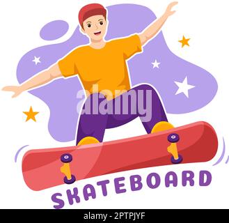 Skateboard Illustration avec des skateboarders Jump utilisation de la planche sur Springboard dans Skatepark dans Extreme Sport Flat style dessin dessin animé à la main modèles Illustration de Vecteur